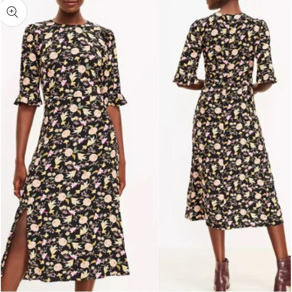 LOFT Floral Print 1/2 Sleeve Side Slit Midi Dress Size 8 Petite Black Multicolor